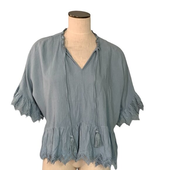 Umgee Linen Blend Top Boxy Ruffle Sleeve & Hem M Blue #19628 - Picture 5 of 11